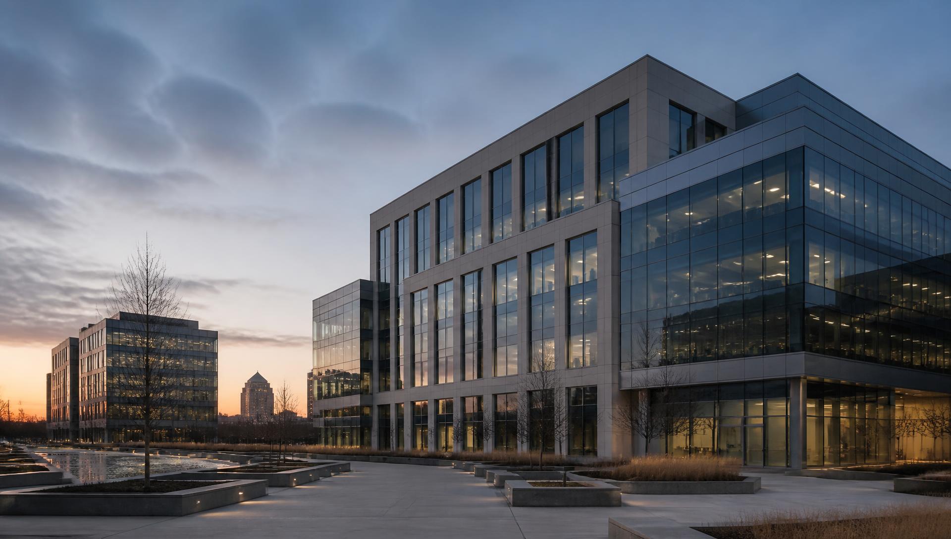 Modern Missouri office buildings at dusk